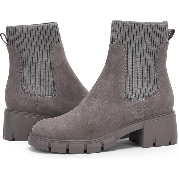 Shoes - Women's Grey Platform Ankle Boots Elastic Chunky Block Heel Chelsea Booties